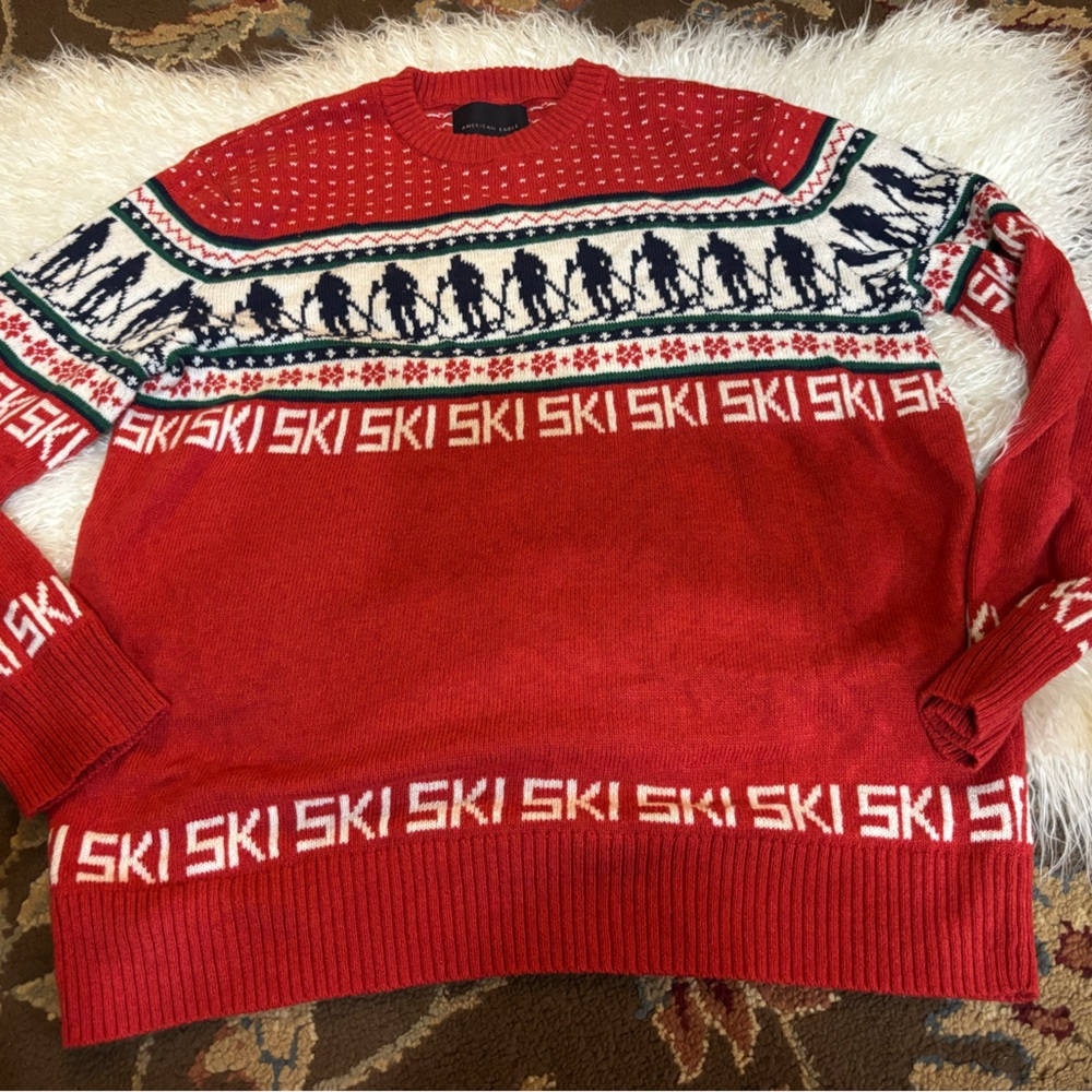 American Eagle Fair isle red ski sweater. Ski repeated front/bck